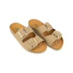 Sandalia Planas de Mujer Beis Marron Negro Gris y Verde con Doble Hebilla en Serraje Autenti 0747