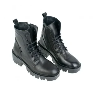 Bota Militar Mujer Negra Piel Piso Track con Punta Cuadrada Brans 14163