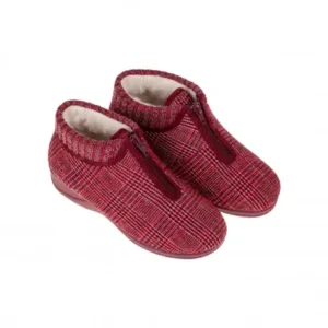 Zapatilla de Casa Bota Mujer Invierno Granate Estampado Cuadros con Cremallera Doctor Cutillas 21667