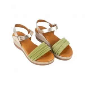 Sandalia Mujer Beige Verde Piel Plisada con Cuña Plantilla Gel Kaola 1453