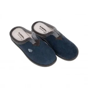 Zapatilla Casa Hombre Invierno Abiertas Marron Gris y Azul Pana Londres Plumaflex 12248