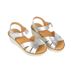 Sandalias Casuales Piel Negro Plata Cuña Corte Mariposa Velcro Kaola 2449