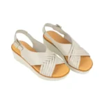 Sandalia Casual Kaola Mujer Beis Marron y Dorado Cuña en Piel Entrelazada 2451