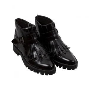 Botines Casual Mujer Piel Florenti Granate y Negro con con Fleco Vexed