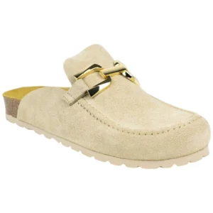 Zuecos Estilo Mocasín de Piel Serraje Beige con Estribo Dorado - Biocomfort