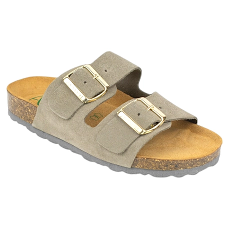 Sandalia Planas de Mujer Beis Marron Negro Gris y Verde con Doble Hebilla en Serraje Autenti 0747