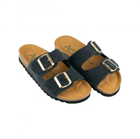 Sandalia Planas de Mujer Beis Marron Negro Gris y Verde con Doble Hebilla en Serraje Autenti 0747