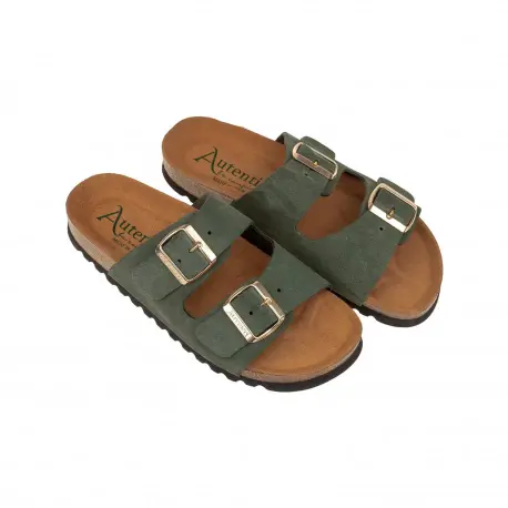 Sandalia Planas de Mujer Beis Marron Negro Gris y Verde con Doble Hebilla en Serraje Autenti 0747