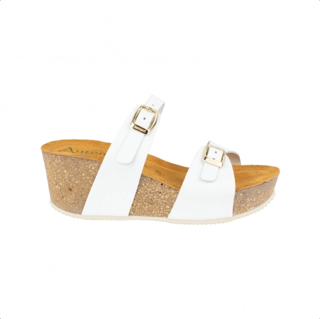 Sandalia de Cuña Bio Mujer Negro Blanco y Marron en Piel con Dos Hebillas Autenti 12923