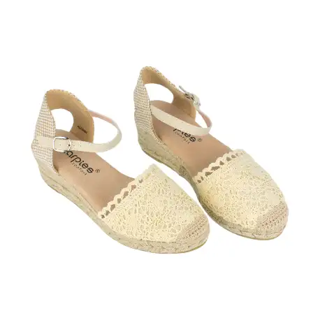 Cuña Esparto Amarpies de Mujer Verano Croche Beis y Negro 3 Cuerdas ACX26482
