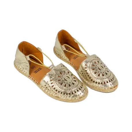 Alpargatas Planas de mujer en Piel Troquelada Blanco Camel Dorado Punta Talon Top3 NANSY