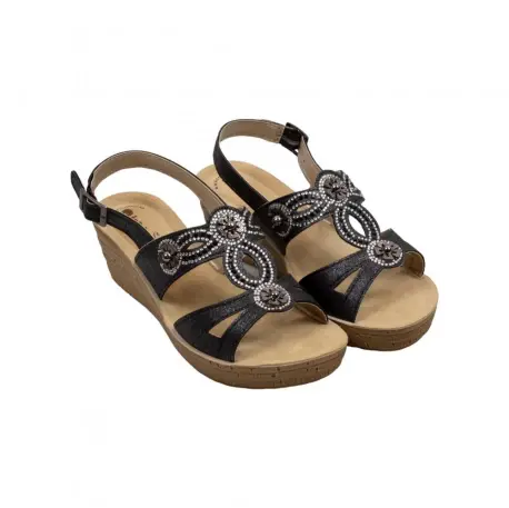 Sandalia Elegante de Mujer Blanca Dorada y Negra con Cuña y Abalorios Inblu GM000043