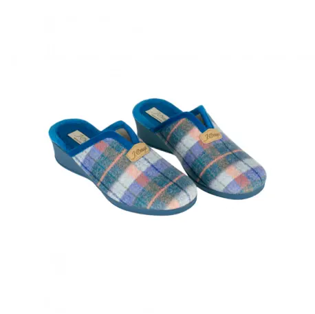 Pantuflas Mujer Invierno Abiertas Cuña Azul Estampado a Cuadro Paño J. Ortega 1800