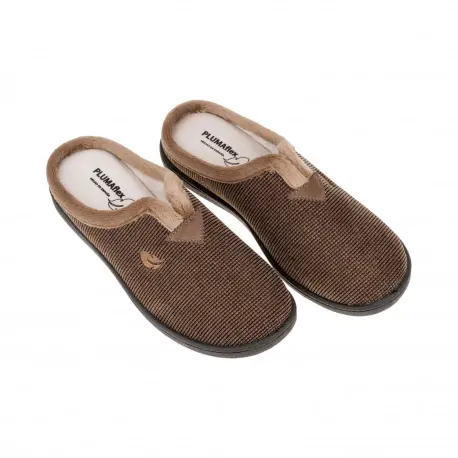Zapatilla Casa Hombre Invierno Abiertas Marron Gris y Azul Pana Londres Plumaflex 12248
