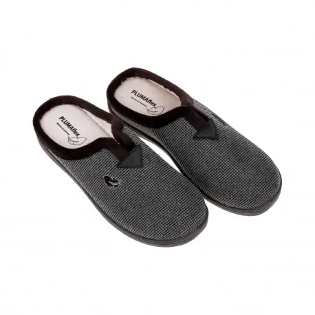 Zapatilla Casa Hombre Invierno Abiertas Marron Gris y Azul Pana Londres Plumaflex 12248