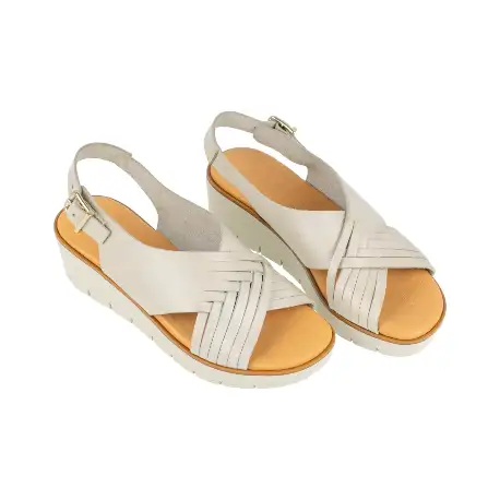 Sandalia Casual Kaola Mujer Beis Marron y Dorado Cuña en Piel Entrelazada 2451