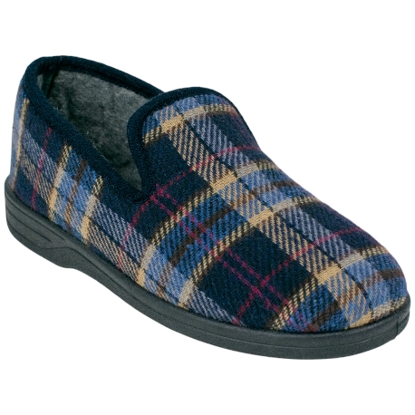 Zapatilla Hombre Casa Cerrada Plana Azul Cuadros Paño 44070